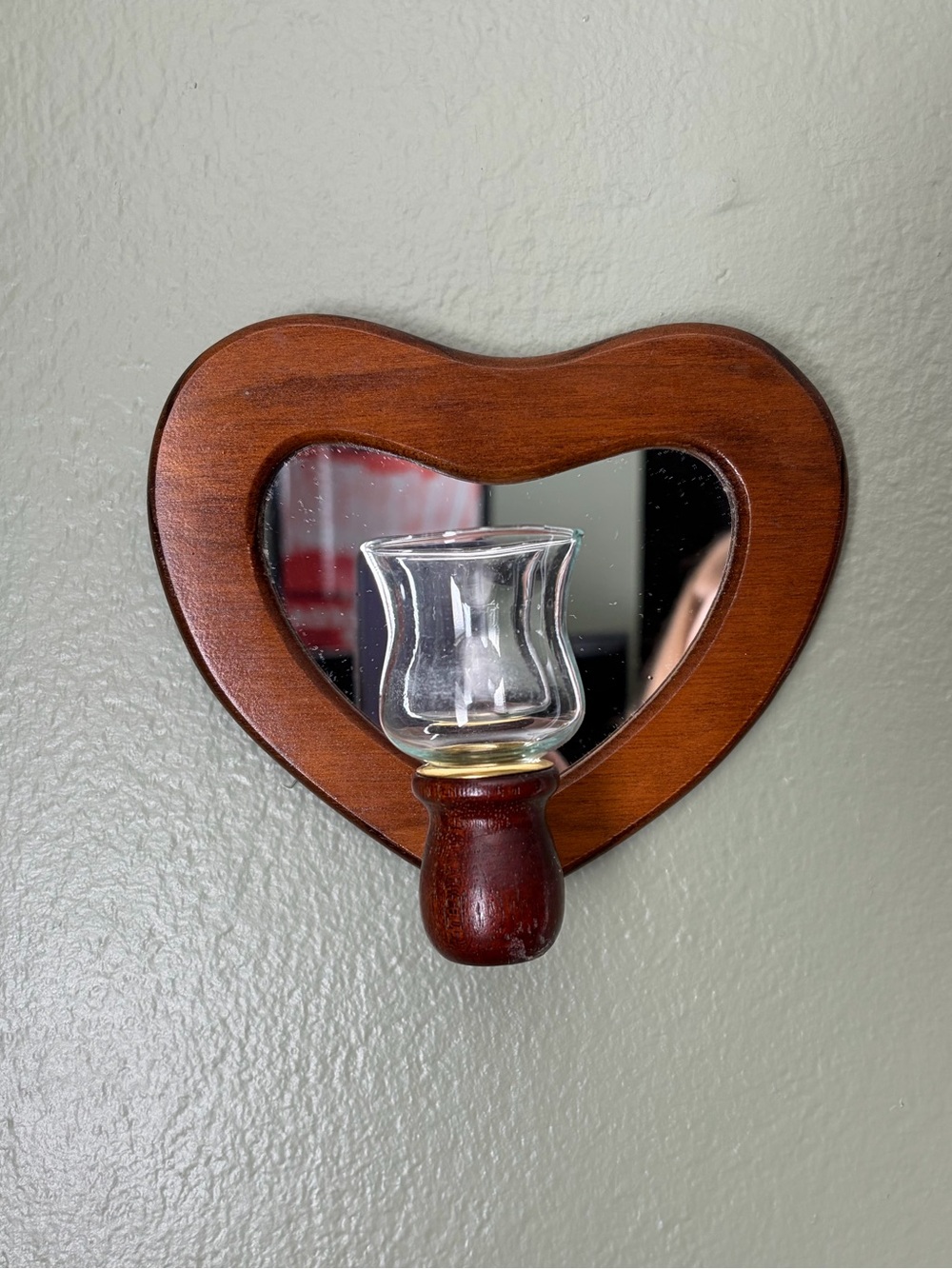 Vintage Wooden Heart Mirror Wall Sconce Candle Holder